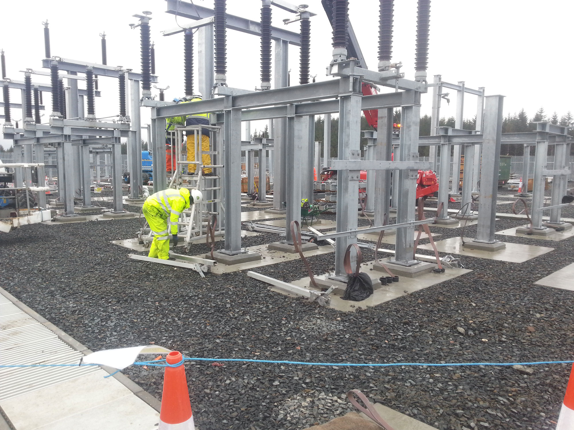 High voltage electrical engineers working on substation equipment wearing personal protective equipment